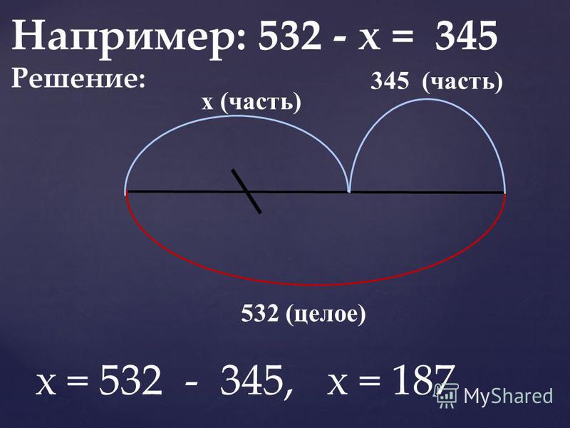 Например: 532 - х = 345 Решение: 345 (часть) х (часть) 532 (целое) х = 532 - 345, х = 187
