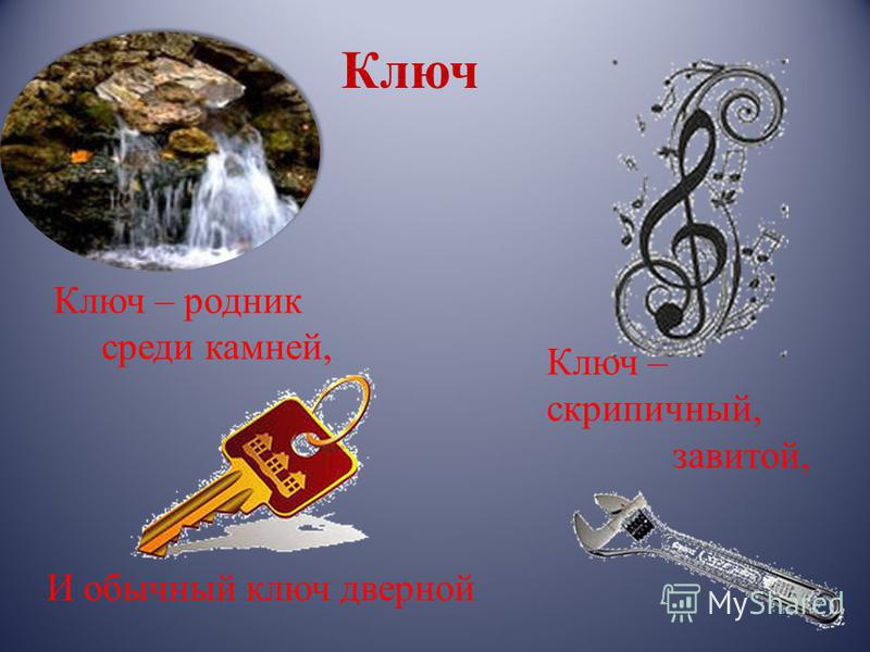 Ключ Ключ – скрипичный, завитой, И обычный ключ дверной Ключ – родник среди камней,