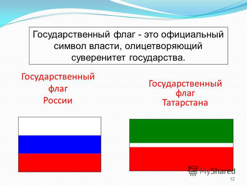 Государственный флаг России Государственный флаг - это официальный символ власти, олицетворяющий суверенитет государства. Государственный флаг Татарстана 12