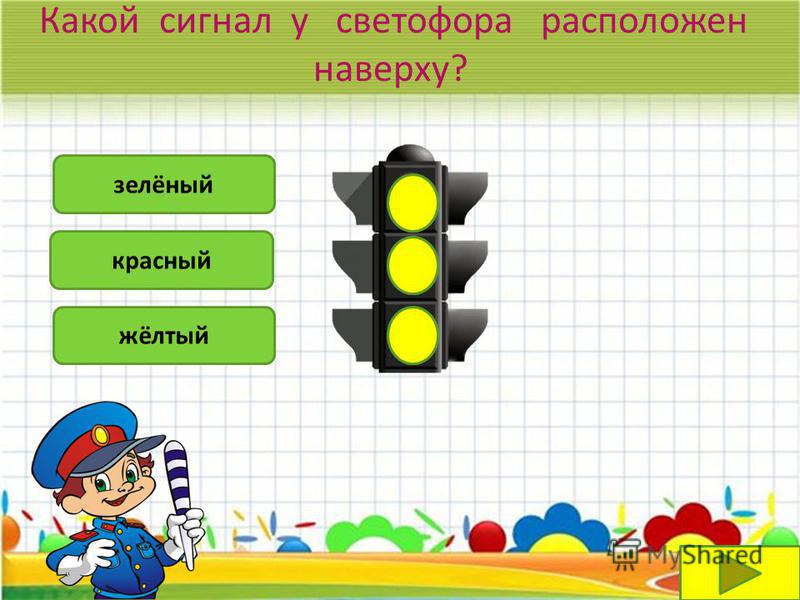 Какой сигнал у светофора расположен наверху? зелёный жёлтый красный