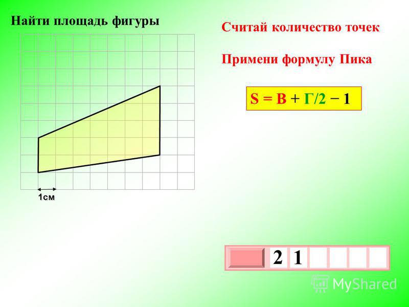 1 см 3 х 1 0 х 2 1 Примени формулу Пика Считай количество точек S = В + Г/2 1
