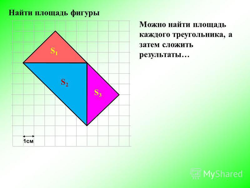 1 см S1S1 S2S2 S3S3 Можно найти площадь каждого треугольника, а затем сложить результаты… Найти площадь фигуры