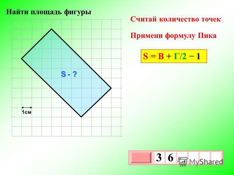 1 см 3 х 1 0 х 3 6 S - ? Найти площадь фигуры Примени формулу Пика Считай количество точек S = В + Г/2 1