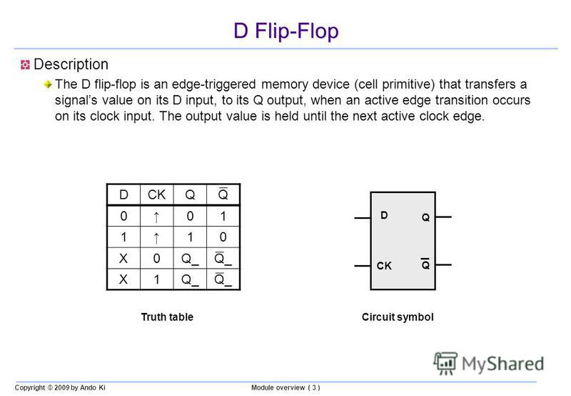 Copyright © 2009 by Ando KiModule overview ( 3 ) D Flip-Flop Description The D flip-flop is an edge-triggered memory device (cell primitive) that transfers a signals value on its D input, to its Q output, when an active edge transition occurs on its 