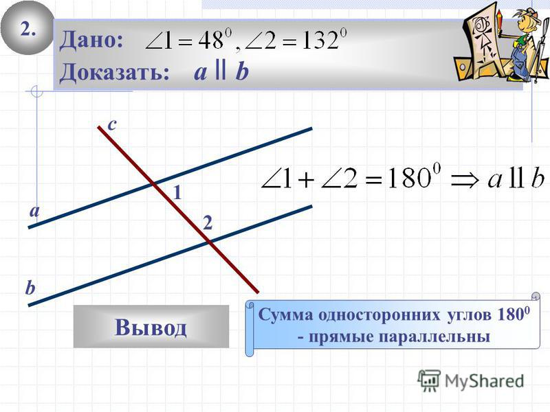 2. Вывод Дано: Доказать: а ll b Сумма односторонних углов 180 0 - прямые параллельны 2 1 с а b