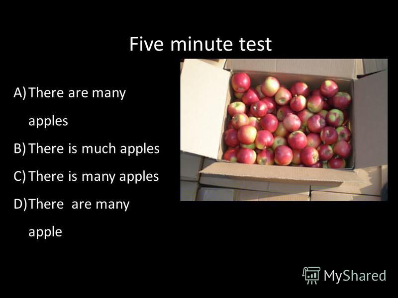 Five minute test A)There are many apples B)There is much apples C)There is many apples D)There are many apple
