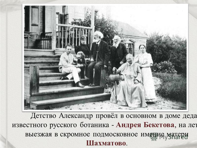 Детство Александр провёл в основном в доме деда, известного русского ботаника - Андрея Бекетова, на лето выезжая в скромное подмосковное имение матери Шахматово.