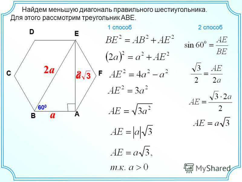 Найдем меньшую диагональ правильного шестиугольника. Для этого рассмотрим треугольник ABE. ADE F B C a 2a2a2a2a a3 ? 1 способ 2 способ 600600600600