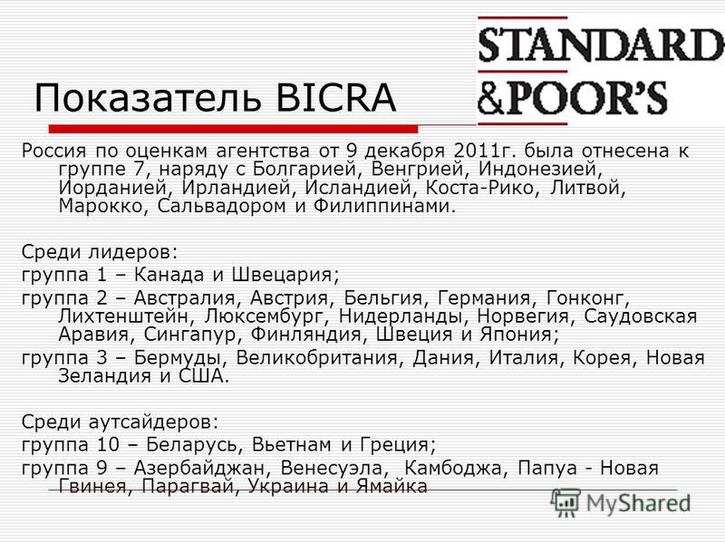 Показатель BICRA Россия по оценкам агентства от 9 декабря 2011 г. была отнесена к группе 7, наряду с Болгарией, Венгрией, Индонезией, Иорданией, Ирландией, Исландией, Коста-Рико, Литвой, Марокко, Сальвадором и Филиппинами. Среди лидеров: группа 1 – К