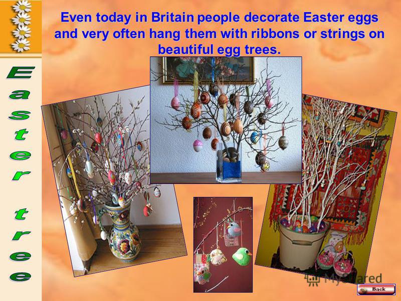 Even today in Britain people decorate Easter eggs and very often hang them with ribbons or strings on beautiful egg trees.