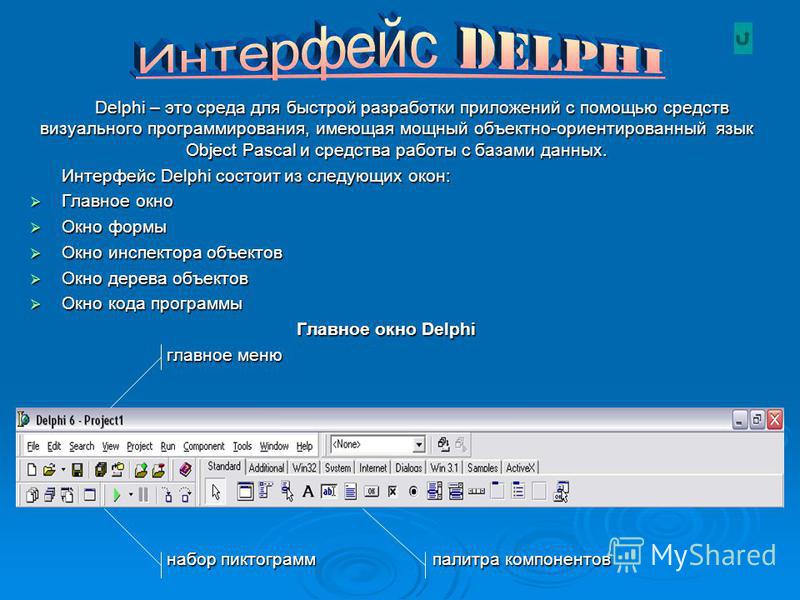Delphi – это среда для быстрой разработки приложений с помощью средств визуального программирования, имеющая мощный объектно-ориентированный язык Object Pascal и средства работы с базами данных. Интерфейс Delphi состоит из следующих окон: Главное окн