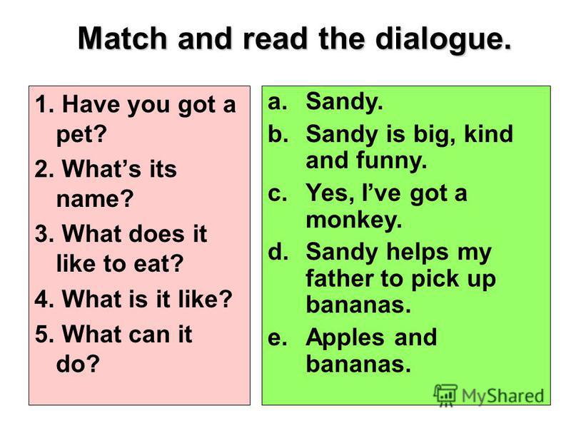 Match and read the dialogue. 1. Have you got a pet? 2. Whats its name? 3. What does it like to eat? 4. What is it like? 5. What can it do? a.Sandy. b.Sandy is big, kind and funny. c.Yes, Ive got a monkey. d.Sandy helps my father to pick up bananas. e