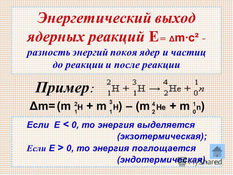 13 Энергетический выход ядерных реакций Е = Δ m·c² - разность энергий покоя ядер и частиц до реакции и после реакции Пример : Δm=Δm=(m H + m H ) – (m He + m n ) 1 1 1 2 3 4 20 Если Е < 0, то энергия выделяется (экзотермическая); Если Е > 0, то энерги