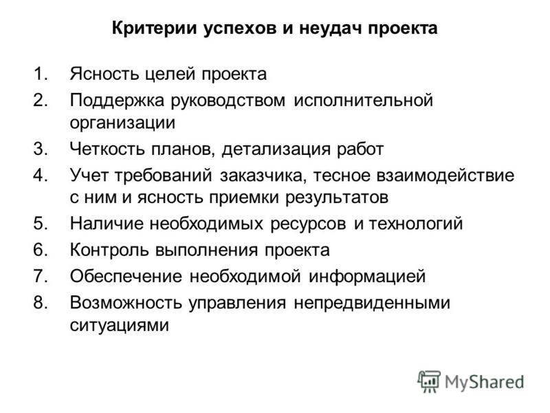 Критерии успеха работы над проектом
