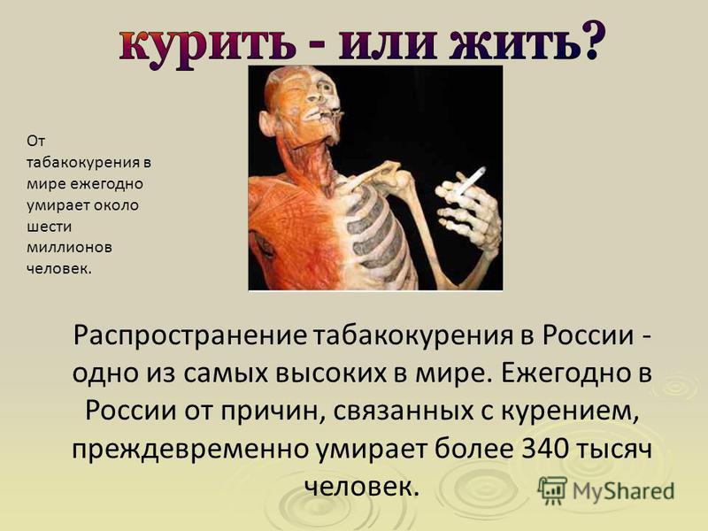 Распространение табакокурения в России - одно из самых высоких в мире. Ежегодно в России от причин, связанных с курением, преждевременно умирает более 340 тысяч человек. От табакокурения в мире ежегодно умирает около шести миллионов человек.