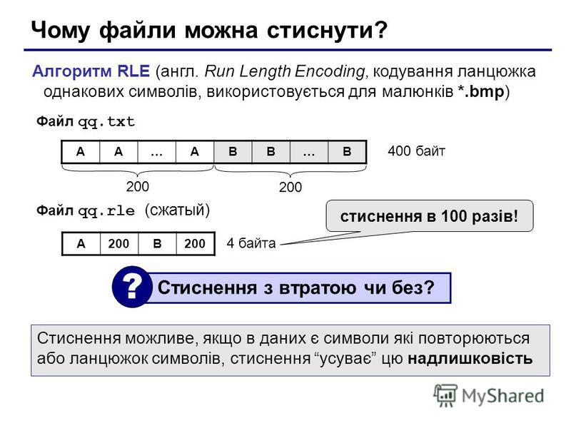 Чому файли можна стиснути? Алгоритм RLE (англ. Run Length Encoding, кодування ланцюжка однакових символів, використовується для малюнків *.bmp) AA…ABB…B 200 400 байт Файл qq.txt Файл qq.rle (сжатый) A200B 4 байта Стиснення з втратою чи без? ? стиснен