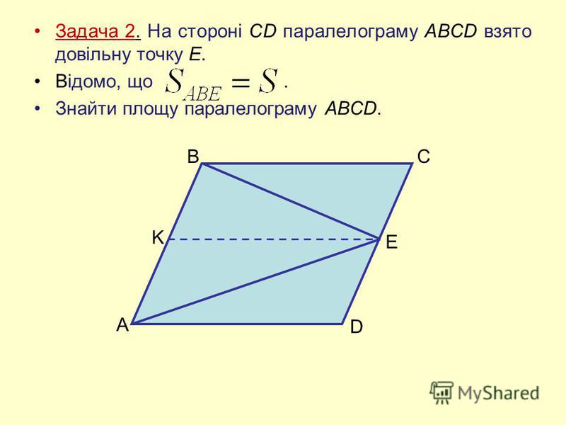 Задача 2. На стороні CD паралелограму ABCD взято довільну точку Е. Відомо, що. Знайти площу паралелограму ABCD. A K BC E D