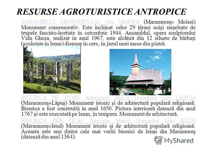 RESURSE AGROTURISTICE ANTROPICE ANSAMBLUL MONUMENTAL (din MOISEI)ANSAMBLUL MONUMENTAL (din MOISEI) (Maramureş» Moisei) Monument comemorativ. Este închinat celor 29 ţărani ucişi mişeleşte de trupele fascisto-hortiste în octombrie 1944. Ansamblul, oper