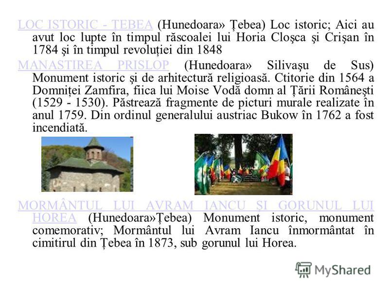 LOC ISTORIC - ŢEBEALOC ISTORIC - ŢEBEA (Hunedoara» Ţebea) Loc istoric; Aici au avut loc lupte în timpul răscoalei lui Horia Cloşca şi Crişan în 1784 şi în timpul revoluţiei din 1848 MANASTIREA PRISLOPMANASTIREA PRISLOP (Hunedoara» Silivaşu de Sus) Mo