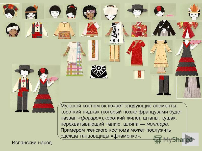 Испанский народ Мужской костюм включает следующие элементы: короткий пиджак (который позже французами будет назван «фигаро»),короткий жилет, штаны, кушак, перехватывающий талию, шляпа монтера. Примером женского костюма может послужить одежда танцовщи