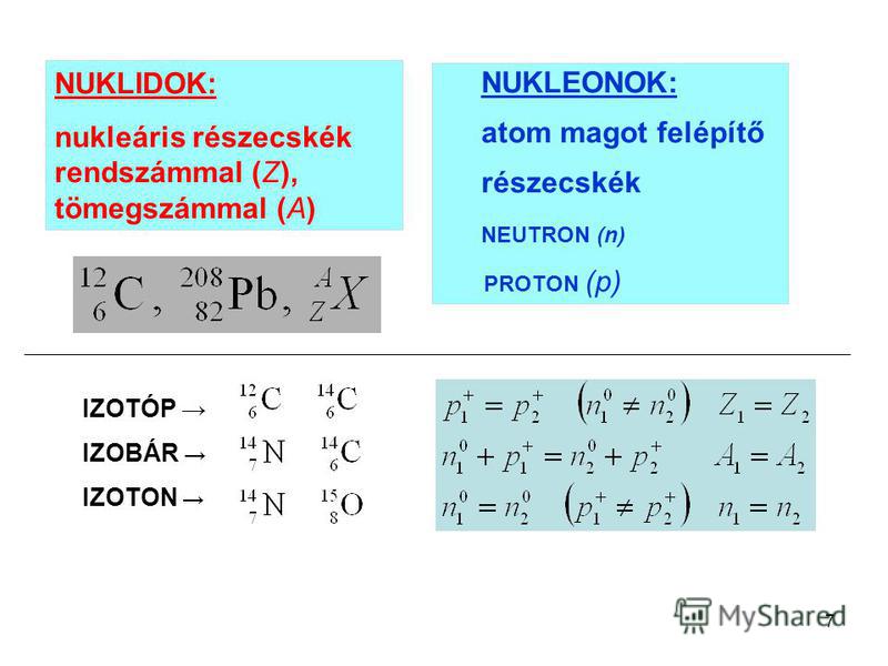 7 NUKLEONOK: atom magot felépítő részecskék NEUTRON (n) PROTON (p) IZOTÓP IZOBÁR IZOTON NUKLIDOK: nukleáris részecskék rendszámmal (Z), tömegszámmal (A)