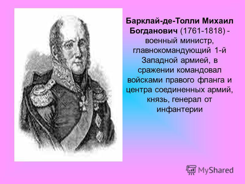 Барклай-де-Толли Михаил Богданович (1761-1818) - военный министр, главнокомандующий 1-й Западной армией, в сражении командовал войсками правого фланга и центра соединенных армий, князь, генерал от инфантерии