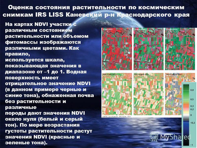 Оценка состояния растительности по космическим снимкам IRS LISS Каневский р-н Краснодарского края На картах NDVI участки с различным состоянием растительности или объемом фитомассы изображаются различными цветами. Как правило, используется шкала, пок