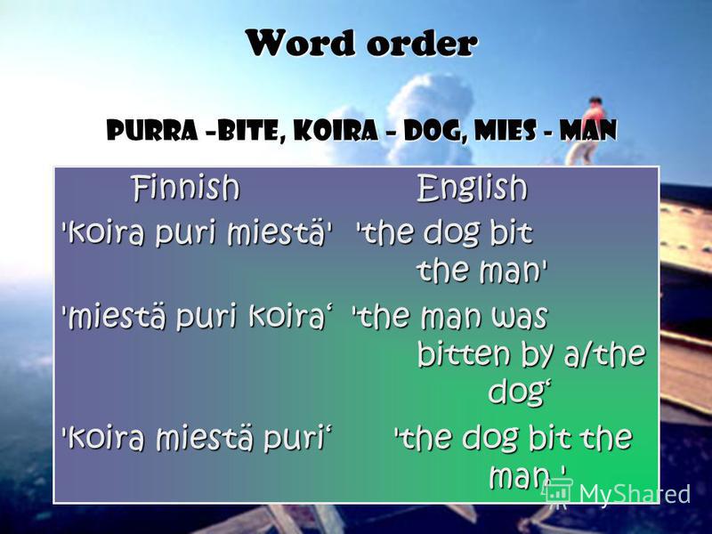 Word order purra –bite, koira – dog, mies - man FinnishEnglish 'koira puri miestä' 'the dog bit the man' 'miestä puri koira 'the man was bitten by a/the dog 'koira miestä puri 'the dog bit the man '