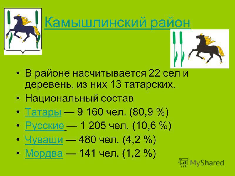 Камышлинский район В районе насчитывается 22 сел и деревень, из них 13 татарских. Национальный состав Татары 9 160 чел. (80,9 %)Татары Русские 1 205 чел. (10,6 %)Русские Чуваши 480 чел. (4,2 %)Чуваши Мордва 141 чел. (1,2 %)Мордва