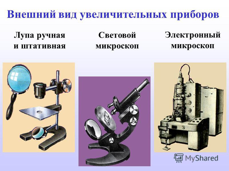 Лупа ручная и штативная Световой микроскоп Электронный микроскоп Внешний вид увеличительных приборов