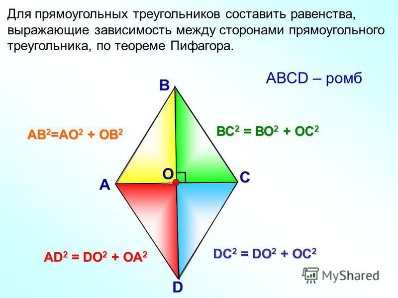 Для прямоугольных треугольников составить равенства, выражающие зависимость между сторонами прямоугольного треугольника, по теореме Пифагора. АВ 2 =АО 2 + ОВ 2 DC 2 = DO 2 + OC 2 АD 2 = DO 2 + OA 2 ВС 2 = ВО 2 + ОС 2 А В С D О АВСD – ромб