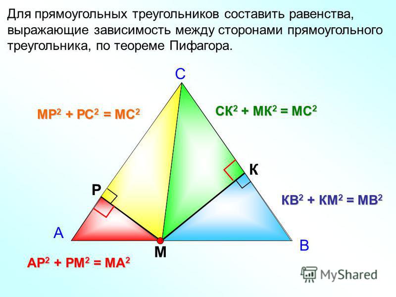 Для прямоугольных треугольников составить равенства, выражающие зависимость между сторонами прямоугольного треугольника, по теореме Пифагора. А С В М Р К МР 2 + РС 2 = МС 2 КВ 2 + КМ 2 = МВ 2 АР 2 + РМ 2 = МА 2 СК 2 + МК 2 = МС 2