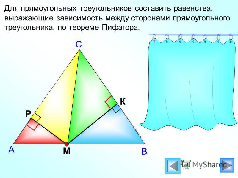 Для прямоугольных треугольников составить равенства, выражающие зависимость между сторонами прямоугольного треугольника, по теореме Пифагора. А С В М Р К МР 2 + РС 2 = МС 2 КВ 2 + КМ 2 = МВ 2 АР 2 + РМ 2 = МА 2 СК 2 + МК 2 = МС 2