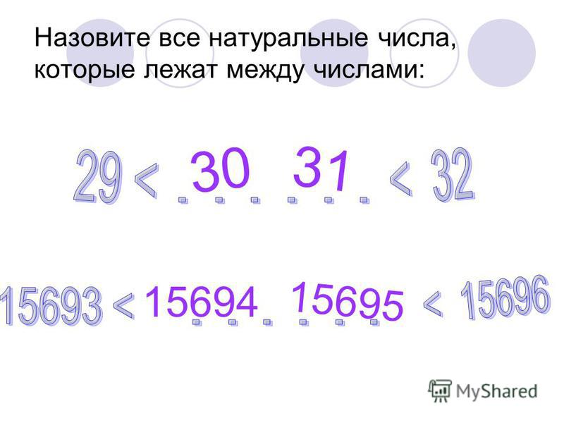 Назовите все натуральные числа, которые лежат между числами: 30 31 15694 15695