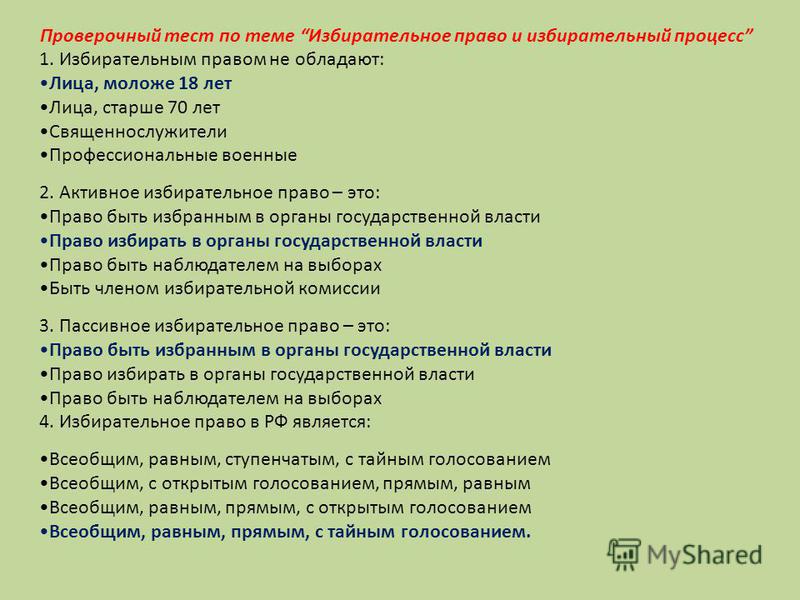 Тест на тему избирательное право 10 класс