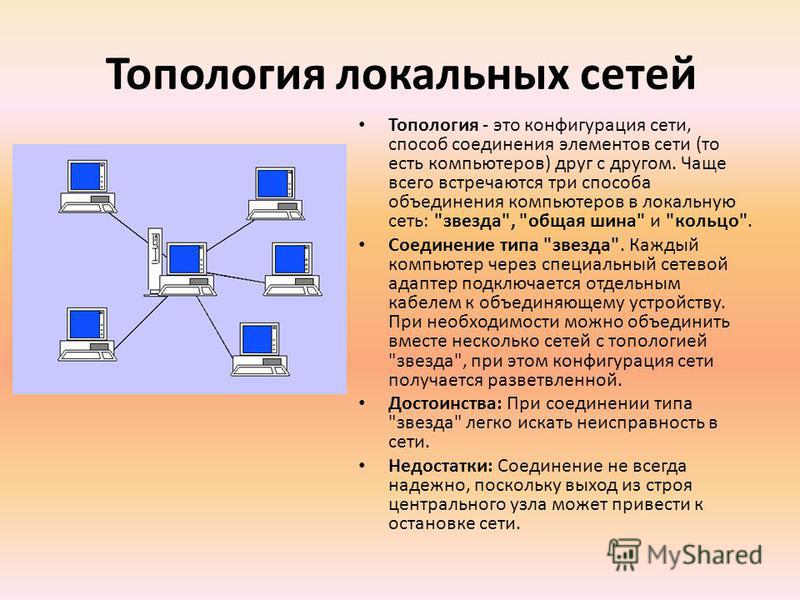 Топология локальных сетей Топология - это конфигурация сети, способ соединения элементов сети (то есть компьютеров) друг с другом. Чаще всего встречаются три способа объединения компьютеров в локальную сеть: 