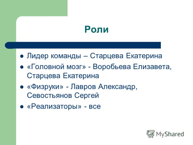 Роли Лидер команды – Старцева Екатерина «Головной мозг» - Воробьева Елизавета, Старцева Екатерина «Физруки» - Лавров Александр, Севостьянов Сергей «Ре