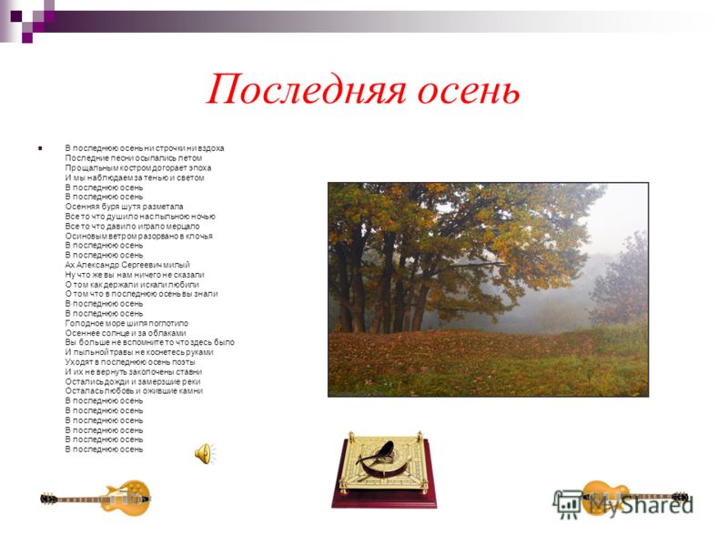 Последняя осень В последнюю осень ни строчки ни вздоха Последние песни осыпались летом Прощальным костром догорает эпоха И мы наблюдаем за тенью и све