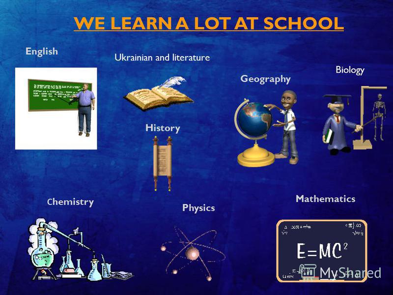 WE LEARN A LOT AT SCHOOL English History Geography Mathematics Physics С hemistry Biology Ukrainian and literature