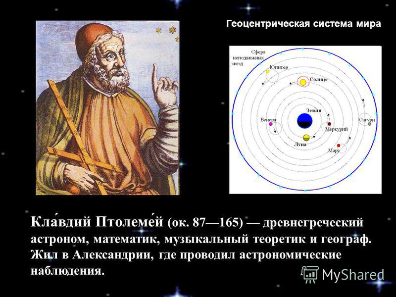 Кла́вдий Птолеме́й (ок. 87165) древнегреческий астроном, математик, музыкальный теоретик и географ. Жил в Александрии, где проводил астрономические наблюдения. Геоцентрическая система мира