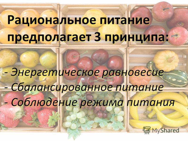 Рациональное питание предполагает 3 принципа: - Энергетическое равновесие - Сбалансированное питание - Соблюдение режима питания