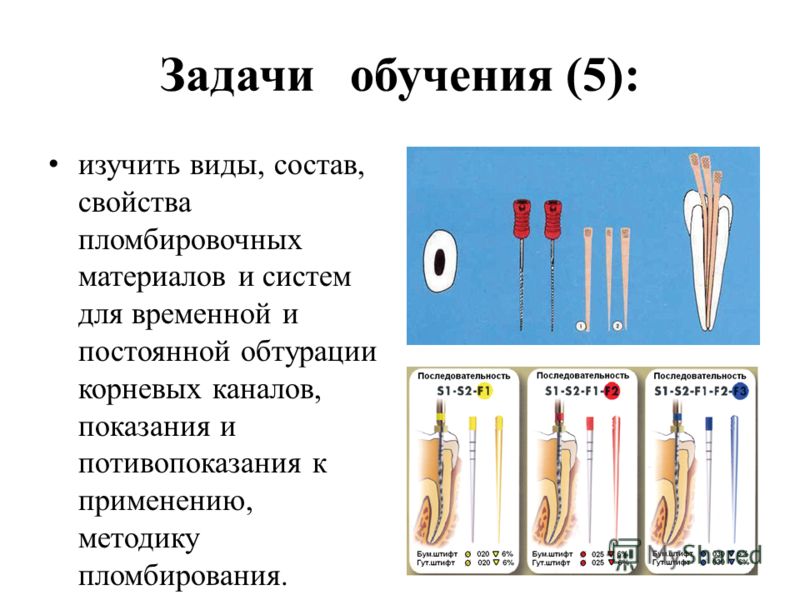 Задачи обучения (5): изучить виды, состав, свойства пломбировочных материалов и систем для временной и постоянной обтурации корневых каналов, показани