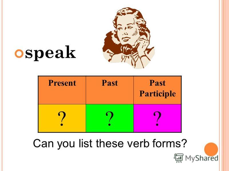 speak Can you list these verb forms? PresentPastPast Participle ???