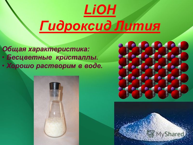 LiOH Гидроксид Лития Общая характеристика: Бесцветные кристаллы. Хорошо растворим в воде.