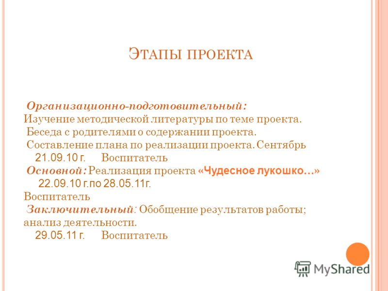 Э ТАПЫ ПРОЕКТА Организационно-подготовительный : Изучение методической литературы по теме проекта. Беседа с родителями о содержании проекта. Составлен