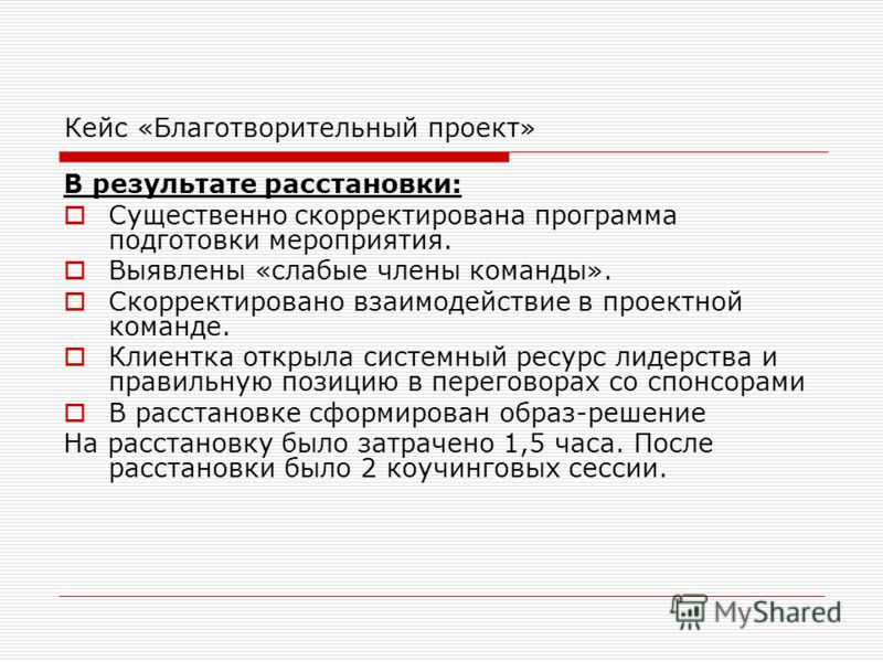 Кейс «Благотворительный проект» В результате расстановки: Существенно скорректирована программа подготовки мероприятия. Выявлены «слабые члены команды
