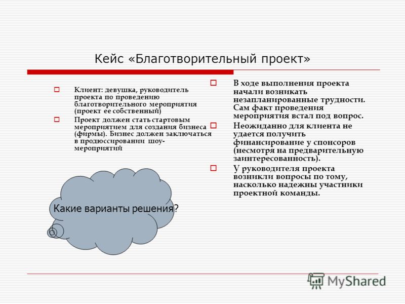 Кейс «Благотворительный проект» Клиент: девушка, руководитель проекта по проведению благотворительного мероприятия (проект ее собственный) Проект долж