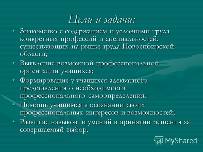 Цели и задачи: Знакомство с содержанием и условиями труда конкретных профессий и специальностей, существующих на рынке труда Новосибирской области;Зна