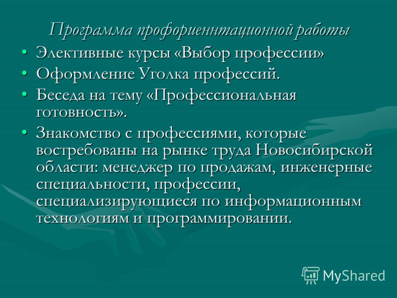 Программа профориеннтационной работы Элективные курсы «Выбор профессии»Элективные курсы «Выбор профессии» Оформление Уголка профессий.Оформление Уголк