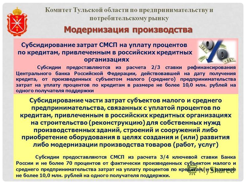 Модернизация производства Комитет Тульской области по предпринимательству и потребительскому рынку Субсидирование затрат СМСП на уплату процентов по кредитам, привлеченным в российских кредитных организациях Субсидии предоставляются из расчета 2/3 ст